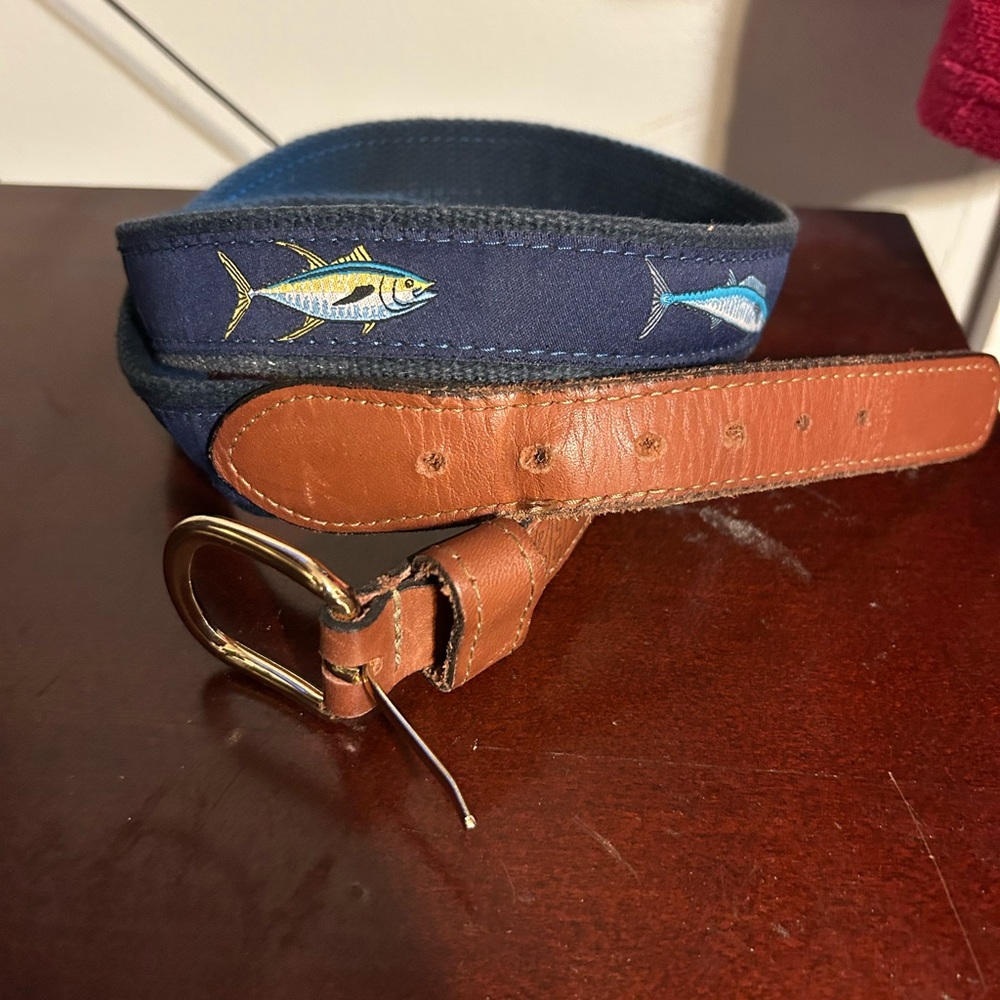 Men's Brown Leather Belt with Blue Fish Pattern